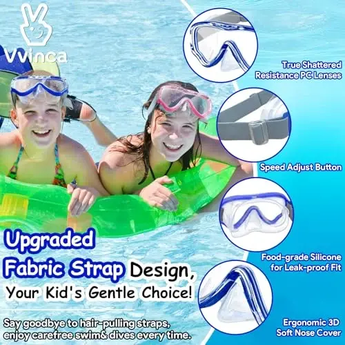 Vvinca Swim-Goggles with Nose Cover, 2 Packs Elastic Fabric Strap Snorkel Swim Mask Anti Fog UV No Pull Hair for Kids 3-14 - VVINCA (1)
