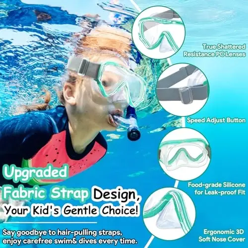 Vvinca Swim-Goggles with Nose Cover, 2 Packs Elastic Fabric Strap Snorkel Swim Mask Anti Fog UV No Pull Hair for Kids 3-14 - 2