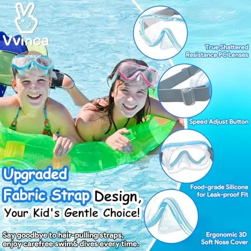 Vvinca Kids-Goggles with Nose Cover, Diving Mask Elastic Fabric Strap Anti Fog Anti Shattered Lens for Kids Swim Goggles 3-14 - 2