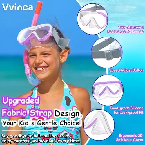 Vvinca Kids-Goggles with Nose Cover, Diving Mask Elastic Fabric Strap Anti Fog Anti Shattered Lens for Kids Swim Goggles 3-14 - 2