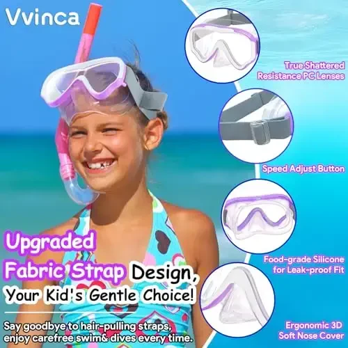 Vvinca Kids-Goggles with Nose Cover, Diving Mask Elastic Fabric Strap Anti Fog Anti Shattered Lens for Kids Swim Goggles 3-14 - 2
