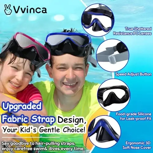 Vvinca Kids-Goggles with Nose Cover, Diving Mask Elastic Fabric Strap Anti Fog Anti Shattered Lens for Kids Swim Goggles 3-14 - VVINCA (1)