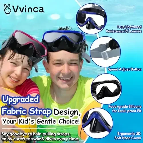 Vvinca Kids-Goggles with Nose Cover, Diving Mask Elastic Fabric Strap Anti Fog Anti Shattered Lens for Kids Swim Goggles 3-14 - 2