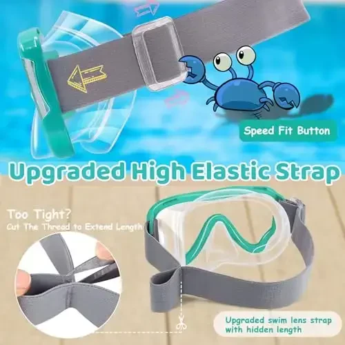 Vvinca Kids-Goggles burun qopqog'i bilan, bolalar uchun sho'ng'in niqobi elastik mato tasma tumanga qarshi sindirilgan linzali suzish ko'zoynaklari 3-14 - 3