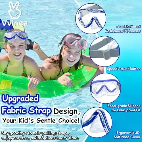 Vvinca Kids-Goggles with Nose Cover, Diving Mask Elastic Fabric Strap Anti Fog Anti Shattered Lens for Kids Swim Goggles 3-14 - 2