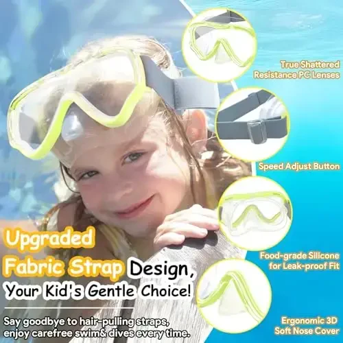 Vvinca Kids-Goggles with Nose Cover, Diving Mask Elastic Fabric Strap Anti Fog Anti Shattered Lens for Kids Swim Goggles 3-14 - 2