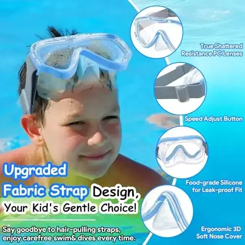Vvinca Kids-Goggles with Nose Cover, Diving Mask Elastic Fabric Strap Anti Fog Anti Shattered Lens for Kids Swim Goggles 3-14 - 2