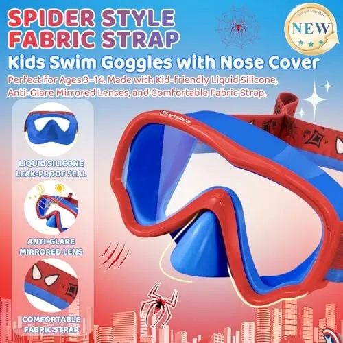 Vvinca Swim-Goggles with Nose Cover, 2 Packs Elastic Fabric Strap Snorkel Swim Mask Anti Fog UV No Pull Hair for Kids 3-14 - 2