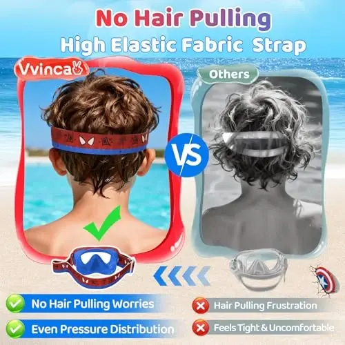 Vvinca Swim-Goggles with Nose Cover, 2 Packs Elastic Fabric Strap Snorkel Swim Mask Anti Fog UV No Pull Hair for Kids 3-14 - 3