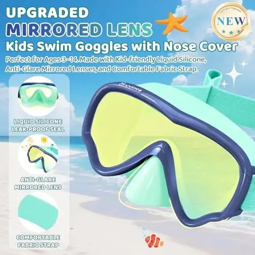 Vvinca Swim-Goggles with Nose Cover, 2 Packs Elastic Fabric Strap Snorkel Swim Mask Anti Fog UV No Pull Hair for Kids 3-14 - 2