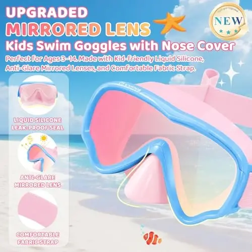 Vvinca Swim-Goggles with Nose Cover, 2 Packs Elastic Fabric Strap Snorkel Swim Mask Anti Fog UV No Pull Hair for Kids 3-14 - VVINCA (1)