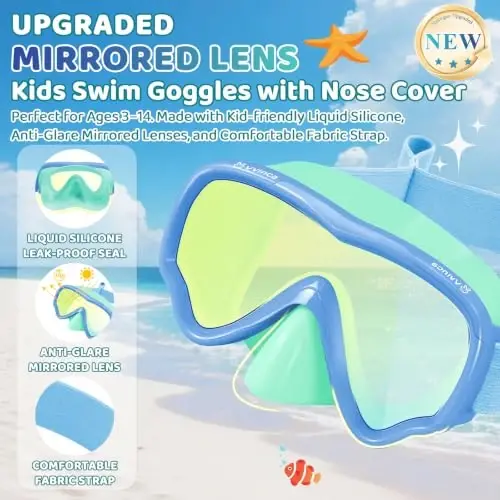 Vvinca Swim-Goggles with Nose Cover, 2 Packs Elastic Fabric Strap Snorkel Swim Mask Anti Fog UV No Pull Hair for Kids 3-14 - 2