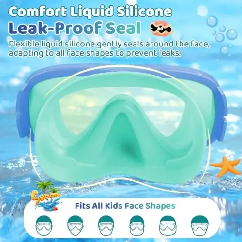 Vvinca Swim-Goggles with Nose Cover, 2 Packs Elastic Fabric Strap Snorkel Swim Mask Anti Fog UV No Pull Hair for Kids 3-14 - 5