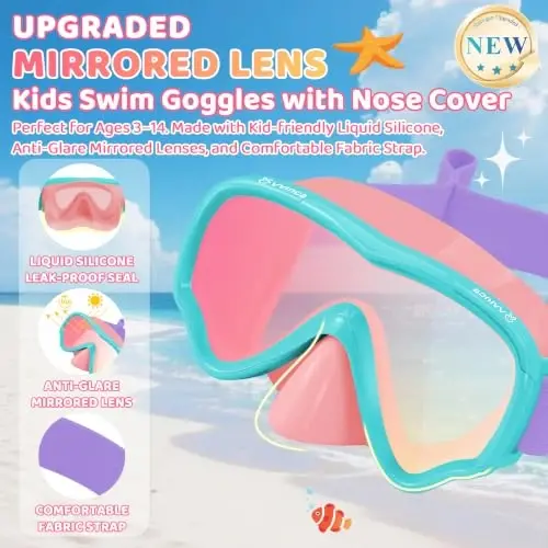 Vvinca Swim-Goggles with Nose Cover, 2 Packs Elastic Fabric Strap Snorkel Swim Mask Anti Fog UV No Pull Hair for Kids 3-14 - 2