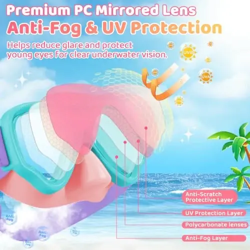 Vvinca Swim-Goggles with Nose Cover, 2 Packs Elastic Fabric Strap Snorkel Swim Mask Anti Fog UV No Pull Hair for Kids 3-14 - 4