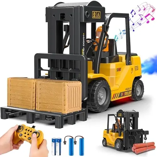 VWAHNANA RC Forklift Truck, 2 in 1 Transform Lift Fork & Hook, Kids Forklift Toy, 11 Channel Remote Control Forklift for Adults, 2 Battery, Spray, Light, RC Construction Vehicles Toy Gift for Kids 6+ - VWAHNANA