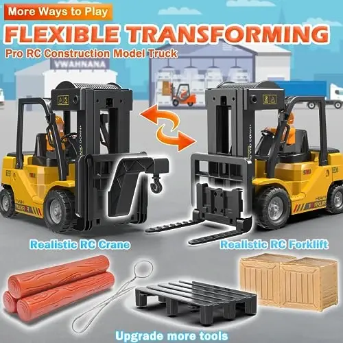 VWAHNANA RC Forklift Truck, 2 in 1 Transform Lift Fork & Hook, Kids Forklift Toy, 11 Channel Remote Control Forklift for Adults, 2 Battery, Spray, Light, RC Construction Vehicles Toy Gift for Kids 6+ - VWAHNANA (1)
