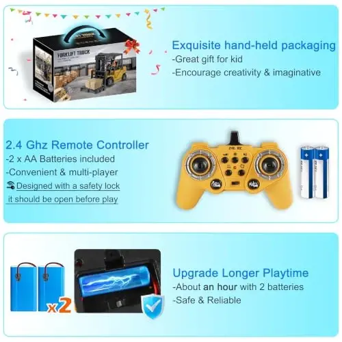 VWAHNANA RC Forklift Truck, 2 in 1 Transform Lift Fork & Hook, Kids Forklift Toy, 11 Channel Remote Control Forklift for Adults, 2 Battery, Spray, Light, RC Construction Vehicles Toy for Kids 6+ Gift - 1