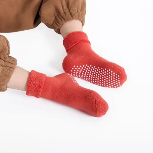 VWU Baby Toddler Kids Ankle Crew Socks with Grips Unisex Warm Thick Cotton Winter Socks 0-10 Years 6/8 Pack - 5
