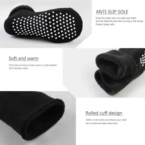 VWU Baby Toddler Kids Ankle Crew Socks with Grips Unisex Warm Thick Cotton Winter Socks 0-10 Years 6/8 Pack - 6