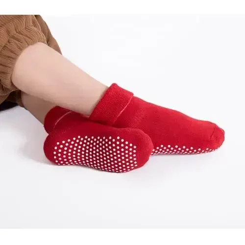 VWU Baby Toddler Kids Ankle Crew Socks with Grips Unisex Warm Thick Cotton Winter Socks 0-10 Years 6/8 Pack - 5