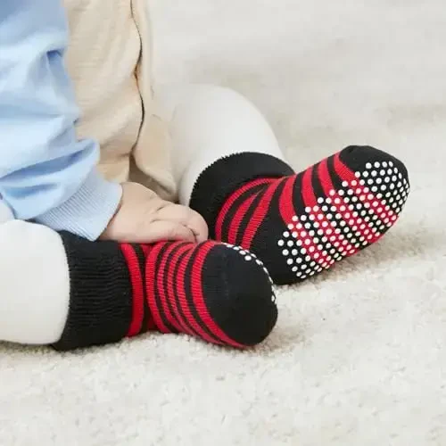 VWU Baby Toddler Kids Ankle Crew Socks with Grips Unisex Warm Thick Cotton Winter Socks 0-10 Years 6/8 Pack - 2