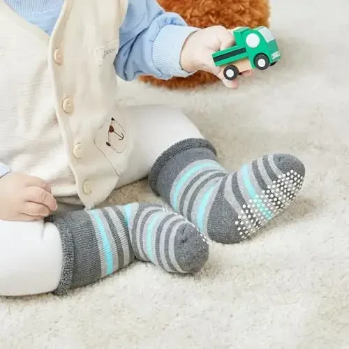 VWU Baby Toddler Kids Ankle Crew Socks with Grips Unisex Warm Thick Cotton Winter Socks 0-10 Years 6/8 Pack - 4