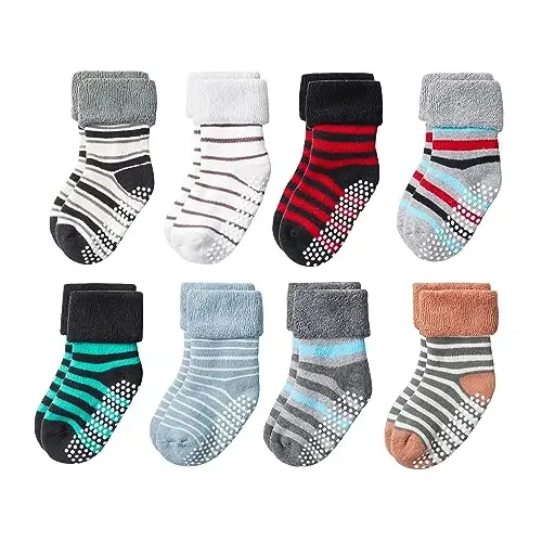 VWU Baby Toddler Kids Ankle Crew Socks with Grips Unisex Warm Thick Cotton Winter Socks 0-10 Years 6/8 Pack - 1