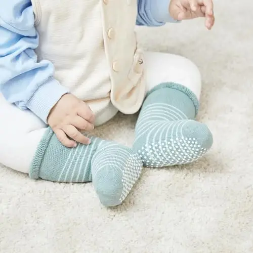 VWU Baby Toddler Kids Ankle Crew Socks with Grips Unisex Warm Thick Cotton Winter Socks 0-10 Years 6/8 Pack - 3