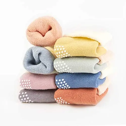 VWU Baby Toddler Kids Ankle Crew Socks with Grips Unisex Warm Thick Cotton Winter Socks 0-10 Years 6/8 Pack - 2