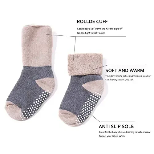VWU Baby Toddler Kids Ankle Crew Socks with Grips Unisex Warm Thick Cotton Winter Socks 0-10 Years 6/8 Pack - 6
