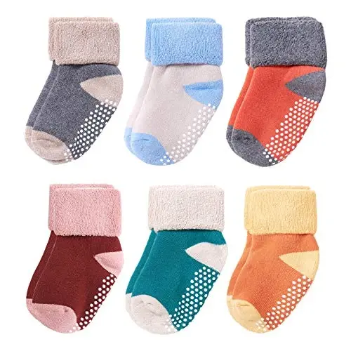 VWU Baby Toddler Kids Ankle Crew Socks with Grips Unisex Warm Thick Cotton Winter Socks 0-10 Years 6/8 Pack - MODAZONE