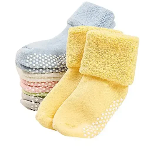VWU Baby Toddler Kids Ankle Crew Socks with Grips Unisex Warm Thick Cotton Winter Socks 0-10 Years 6/8 Pack - 1