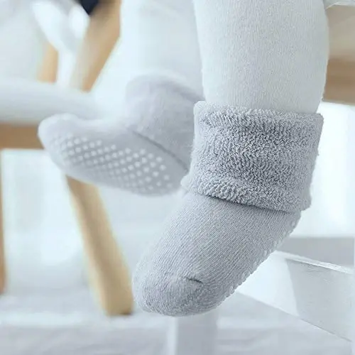 VWU Baby Toddler Kids Ankle Crew Socks with Grips Unisex Warm Thick Cotton Winter Socks 0-10 Years 6/8 Pack - 2