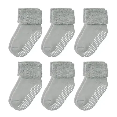 VWU Baby Toddler Kids Ankle Crew Socks with Grips Unisex Warm Thick Cotton Winter Socks 0-10 Years 6/8 Pack - 1