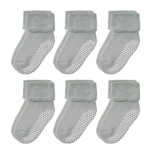 VWU Baby Toddler Kids Ankle Crew Socks with Grips Unisex Warm Thick Cotton Winter Socks 0-10 Years 6/8 Pack 