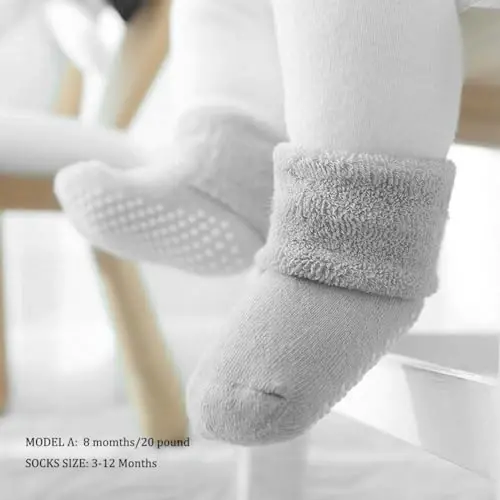VWU Baby Toddler Kids Ankle Crew Socks with Grips Unisex Warm Thick Cotton Winter Socks 0-10 Years 6/8 Pack - 2