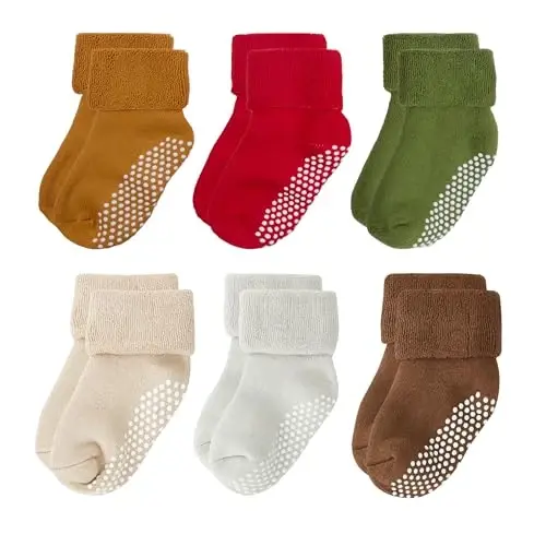 VWU Baby Toddler Kids Ankle Crew Socks with Grips Unisex Warm Thick Cotton Winter Socks 0-10 Years 6/8 Pack - 1