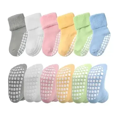VWU Baby Toddler Kids Ankle Crew Socks with Grips Unisex Warm Thick Cotton Winter Socks 0-10 Years 6/8 Pack 