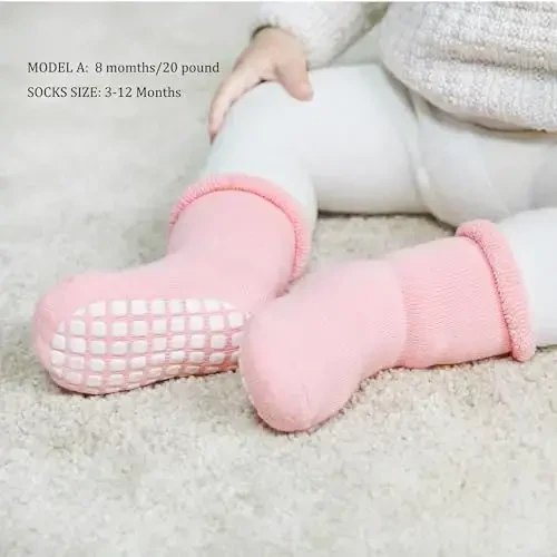 VWU Baby Toddler Kids Ankle Crew Socks with Grips Unisex Warm Thick Cotton Winter Socks 0-10 Years 6/8 Pack - 4