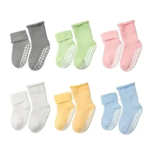 VWU Baby Toddler Kids Ankle Crew Socks with Grips Unisex Warm Thick Cotton Winter Socks 0-10 Years 6/8 Pack - 5