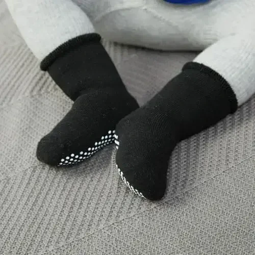 VWU Baby Toddler Kids Ankle Crew Socks with Grips Unisex Warm Thick Cotton Winter Socks 0-10 Years 6/8 Pack - 3