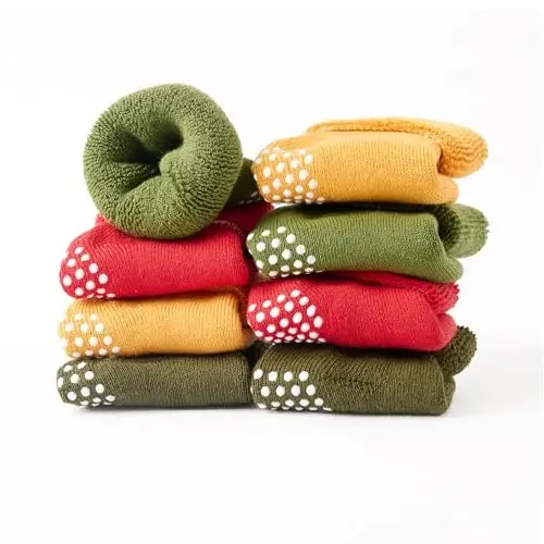 VWU Baby Toddler Kids Ankle Crew Socks with Grips Unisex Warm Thick Cotton Winter Socks 0-10 Years 6/8 Pack - 2