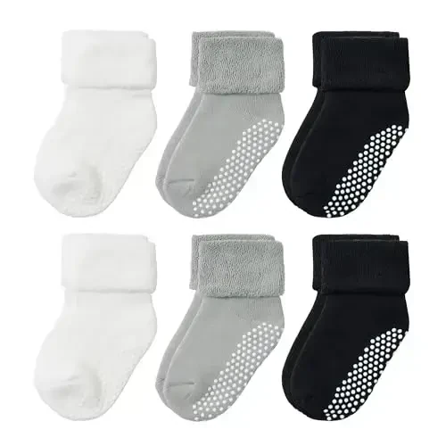 VWU Baby Toddler Kids Ankle Crew Socks with Grips Unisex Warm Thick Cotton Winter Socks 0-10 Years 6/8 Pack - 3