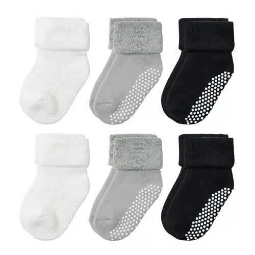 VWU Baby Toddler Kids Ankle Crew Socks with Grips Unisex Warm Thick Cotton Winter Socks 0-10 Years 6/8 Pack - 3