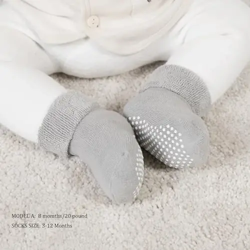 VWU Baby Toddler Kids Ankle Crew Socks with Grips Unisex Warm Thick Cotton Winter Socks 0-10 Years 6/8 Pack - 4