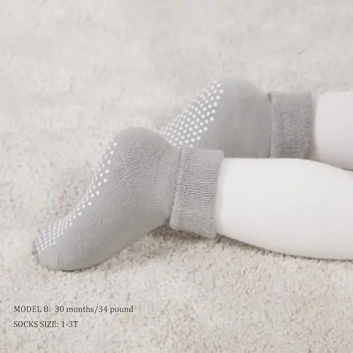 VWU Baby Toddler Kids Ankle Crew Socks with Grips Unisex Warm Thick Cotton Winter Socks 0-10 Years 6/8 Pack - 5