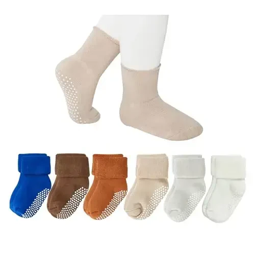 VWU Baby Toddler Kids Ankle Crew Socks with Grips Unisex Warm Thick Cotton Winter Socks 0-10 Years 6/8 Pack - 1