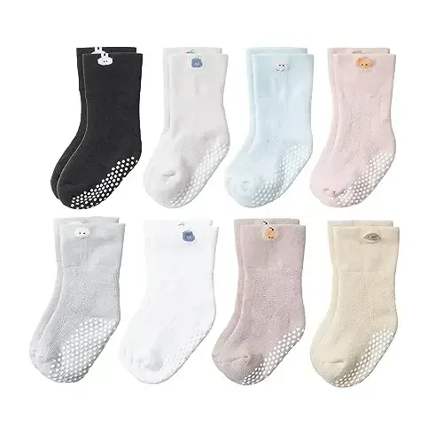 VWU Baby Toddler Kids Ankle Crew Socks with Grips Unisex Warm Thick Cotton Winter Socks 0-10 Years 6/8 Pack 