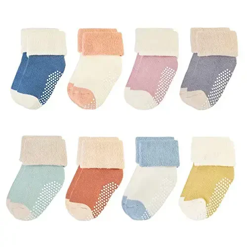 VWU Baby Toddler Kids Ankle Crew Socks with Grips Unisex Warm Thick Cotton Winter Socks 0-10 Years 6/8 Pack - 1